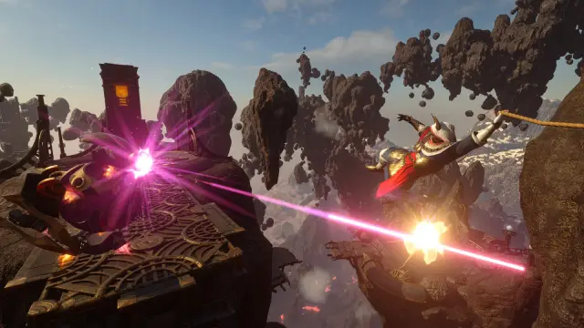 A Flameborn grappling between floating islands and purple mechanisms