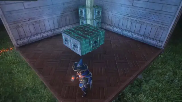 A large glowing Magic Chest beside other storage chests in a workshop