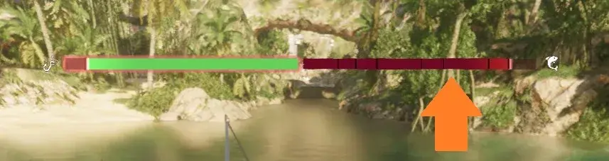 Fishing stamina meter above the water with the fish bar marked by an arrow