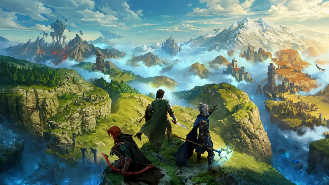 Illustrated Flameborn overlooking Embervale, with forests, mountains, lava and floating islands