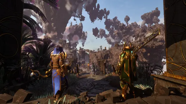 Flameborn overlooking floating islands and ancient structures in Cinder’s Cradle