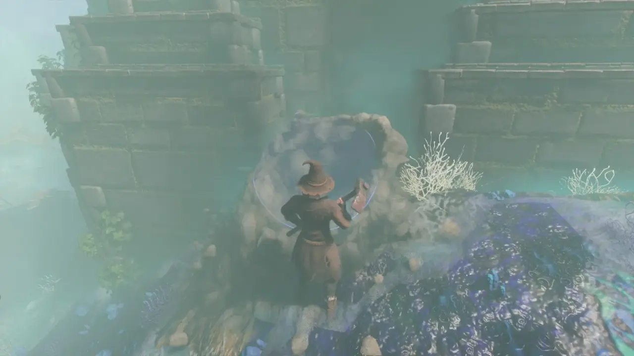 Player breaking the rubble at the base of a bridge pillar