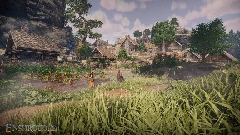 Two players walking through a cultivated settlement