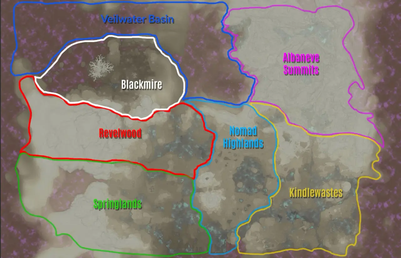 Earlier Embervale regions including Veilwater Basin and Albaneve Summits