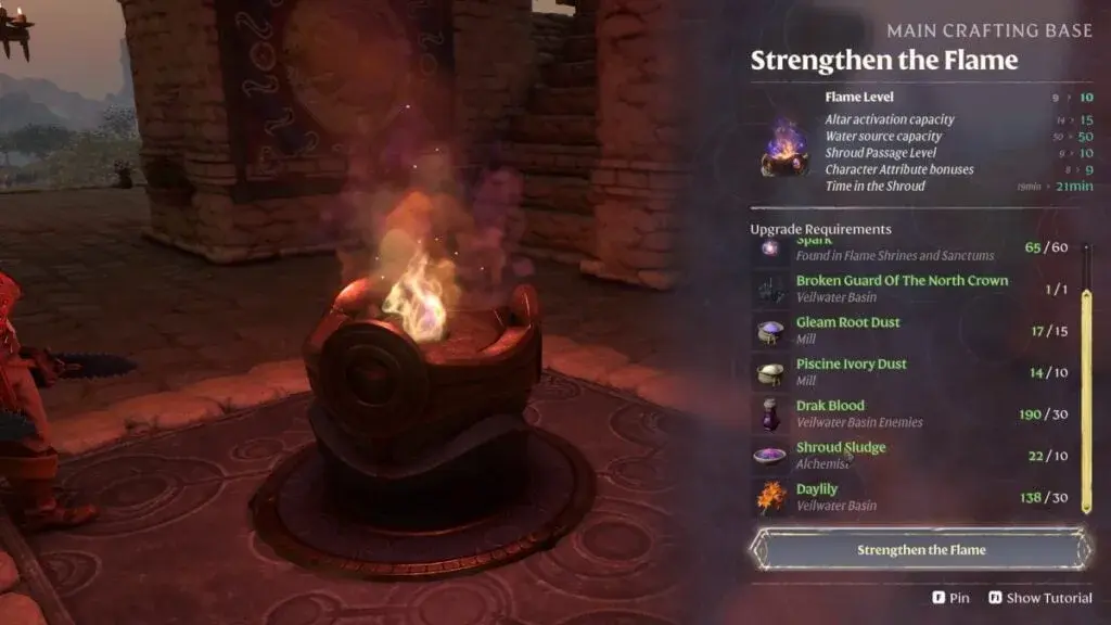 Strengthen the Flame menu showing Shroud Passage Level