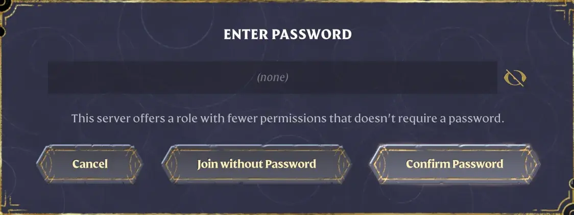 Server connection password interface