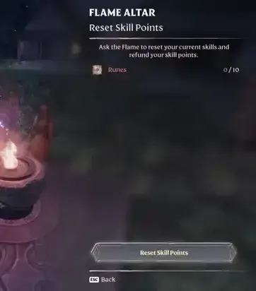 Flame Altar menu showing Reset Skill Points