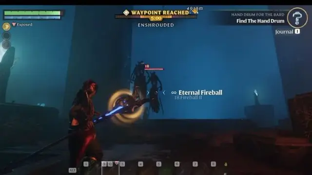 A floating robed Banshee facing a staff-wielding Flameborn in a blue chamber