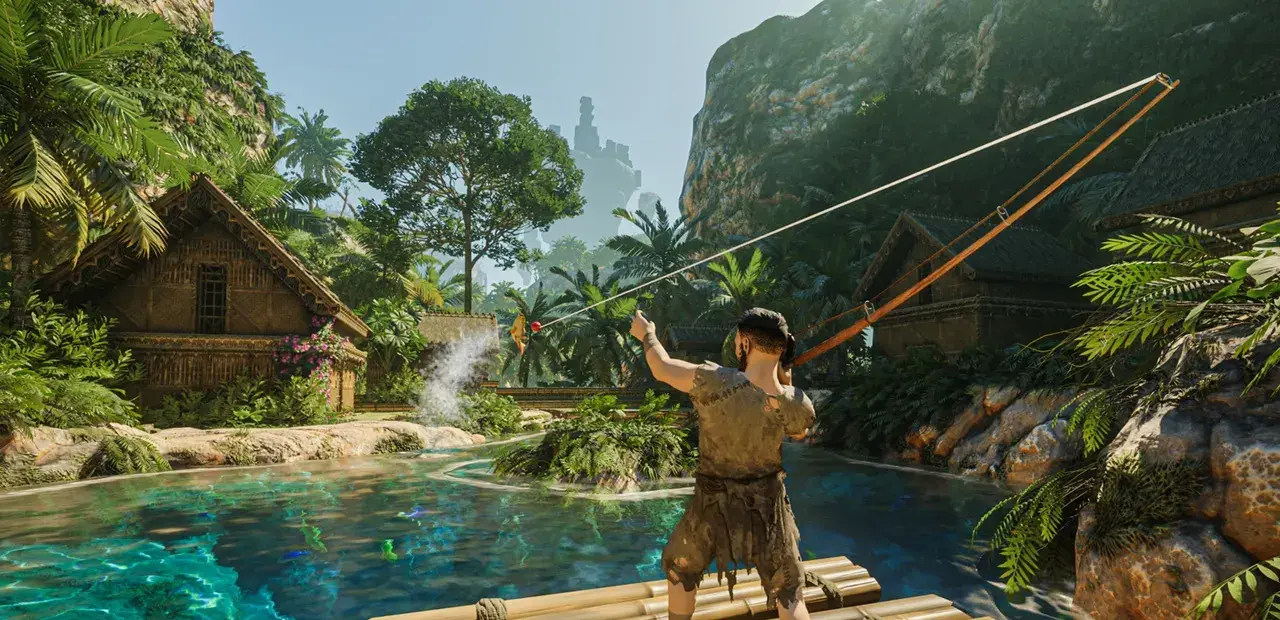 A Flameborn casting a fishing rod from a raft