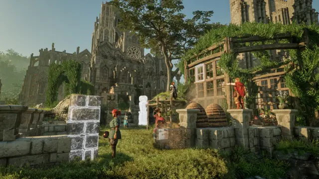 Players constructing a large shared settlement in Enshrouded