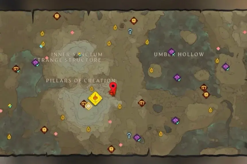 Map of the Pillars of Creation with a marker beside the southern pillar