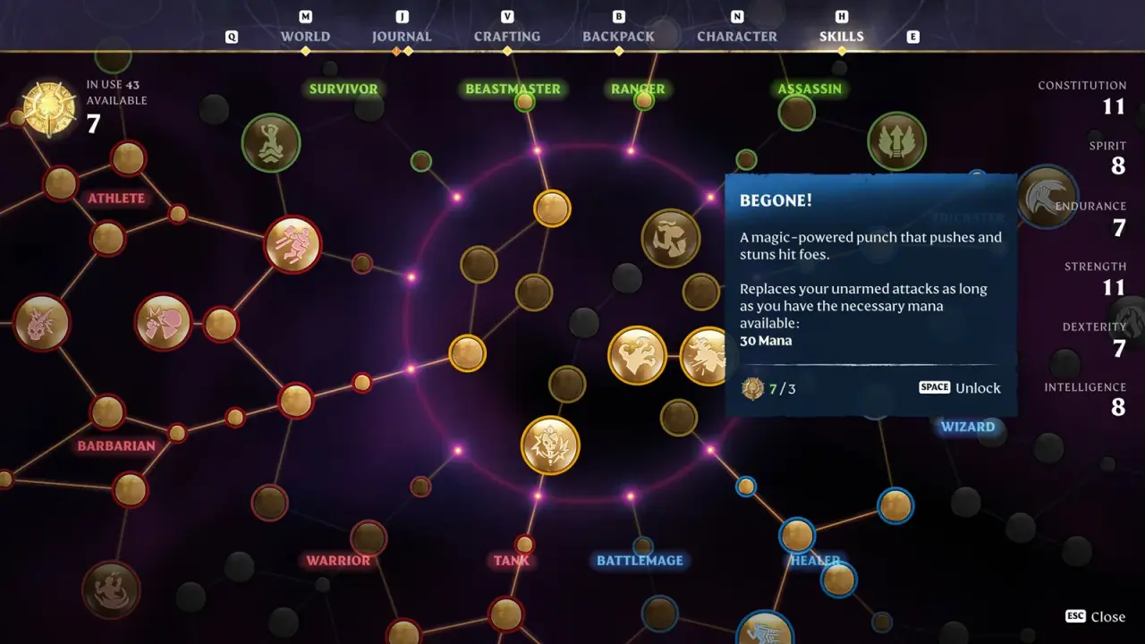 Skill tree interface showing magic-related branches