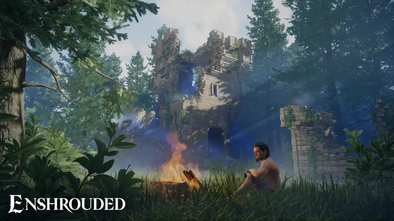 Flameborn resting at a campfire beside forest ruins