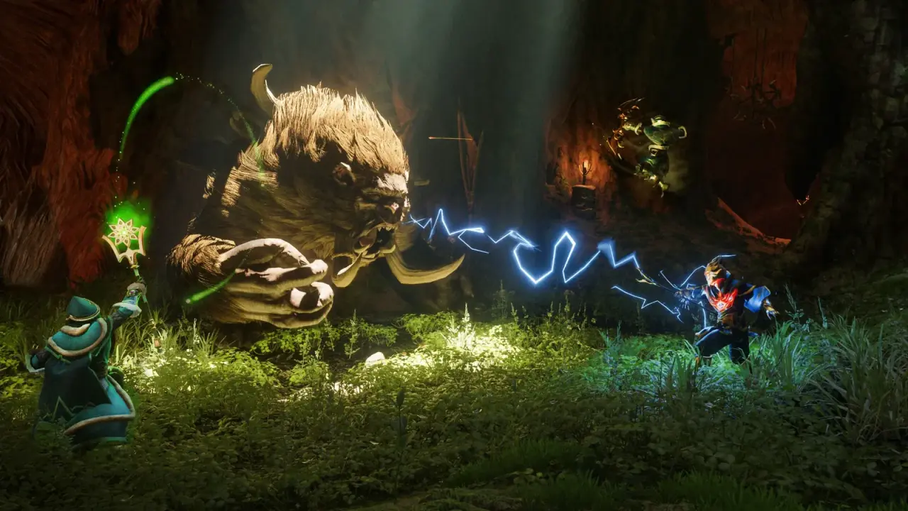 Mage using a lightning spell against a large enemy