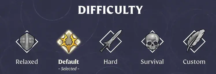 Difficulty preset selector with Relaxed, Default, Hard, Survival and Custom
