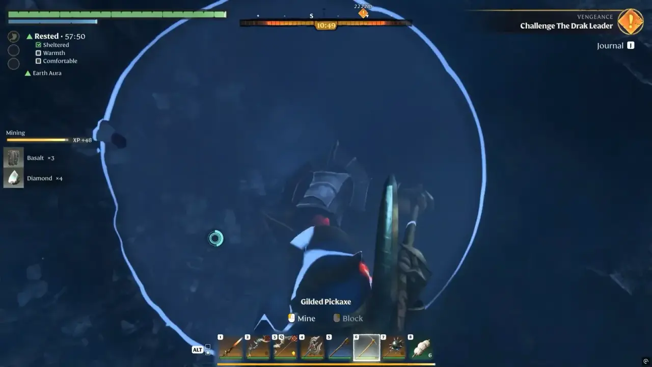 Pickaxe aimed at a rock face while Basalt and Diamond pickup notifications appear