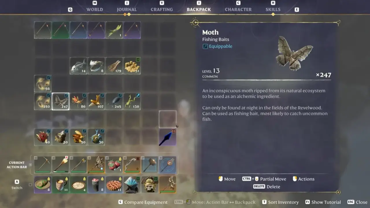 Moth selected in the backpack as an equippable fishing bait