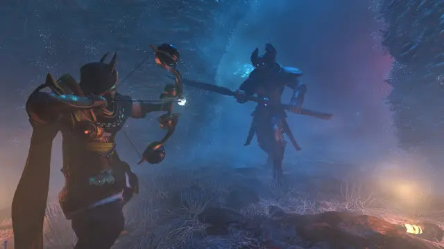 An armored archer confronting a Fell Thunderbrute in the blue Shroud