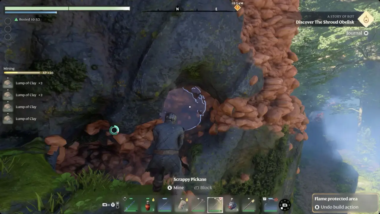 A player mining an orange-brown clay deposit