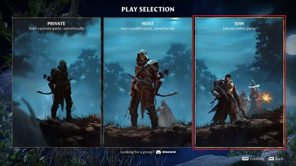 Play Selection menu showing Private, Host and Join options