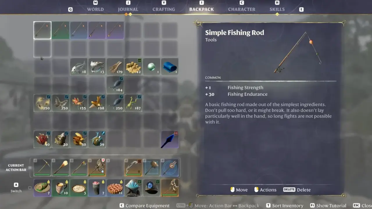 Simple Fishing Rod selected in the backpack, showing Fishing Strength and Fishing Endurance